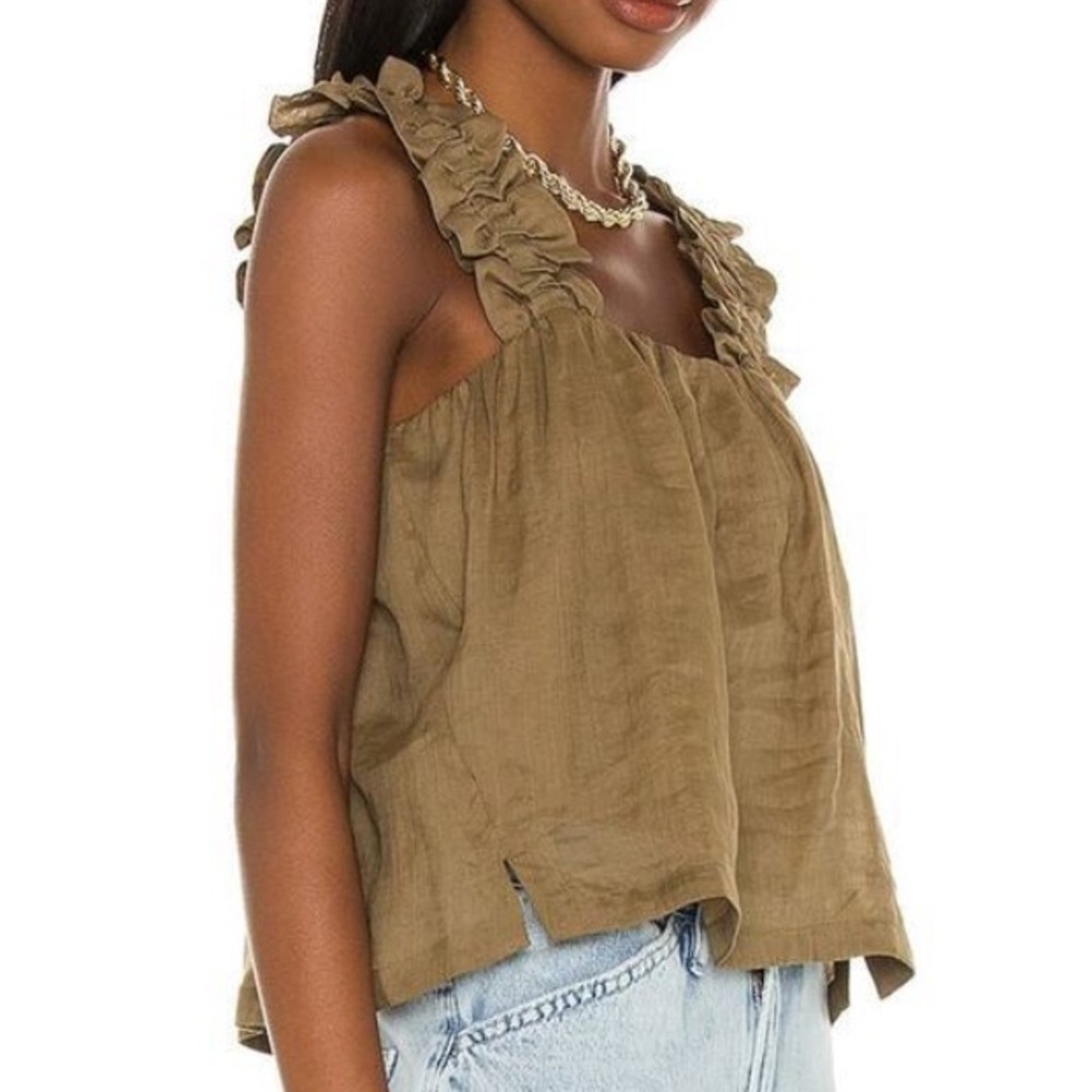 Frame Ruffle Strap Tank Top Button Back Moss Green Square Neck Size XL